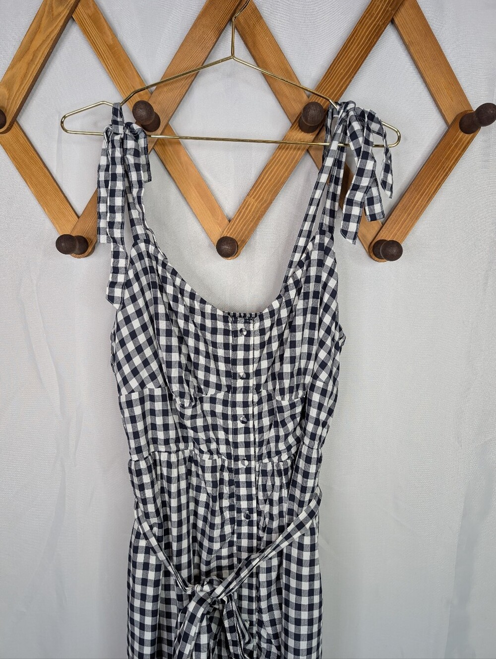 J. Crew Gingam Checkered Button Front Shoulder Tie Midi Dress - 14 Tall - Picture 6 of 10